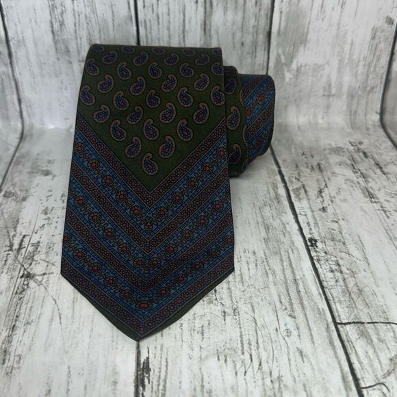 Vintage Polo Ralph Lauren Men's Necktie Paisley Geometric Print Green Blue - Picture 1 of 6